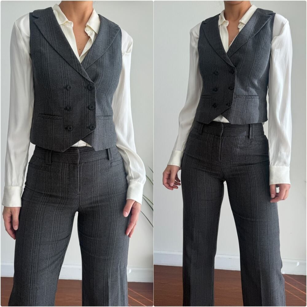 Vintage Y2K Tailored Vest Waistcoat Trousers Suit Set Womens XS Charcoal Plaid